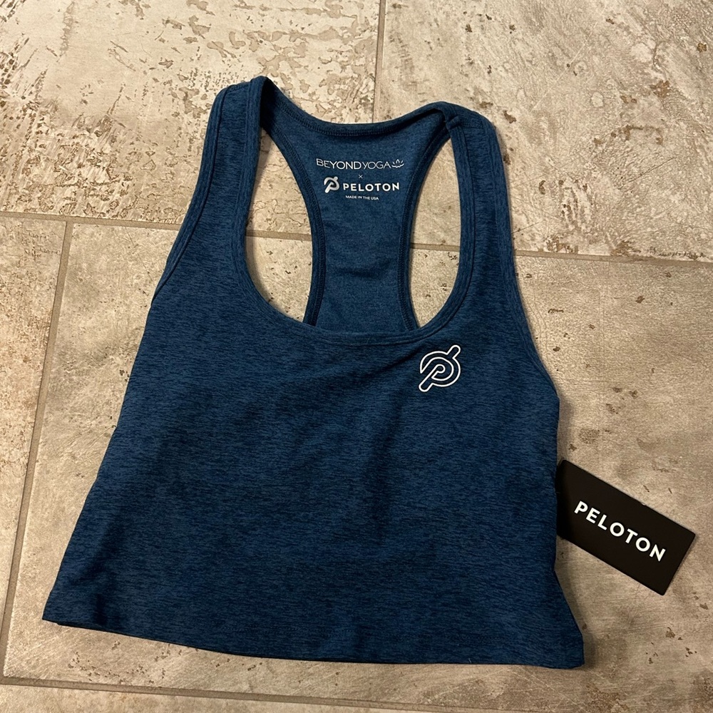New! Beyond Yoga x Peleton Crop Tank Top Blue back cutout spacedye workout